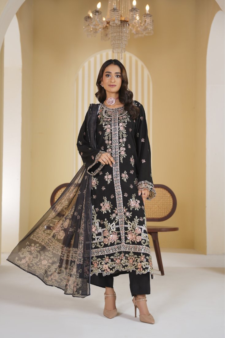 Midnight Majesty Embroidered Unstitched Suit – 1003