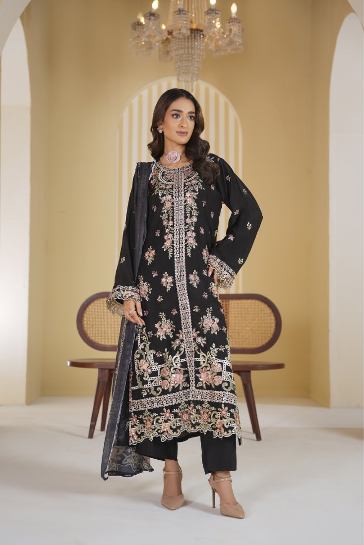 Midnight Majesty Embroidered Unstitched Suit – 1003