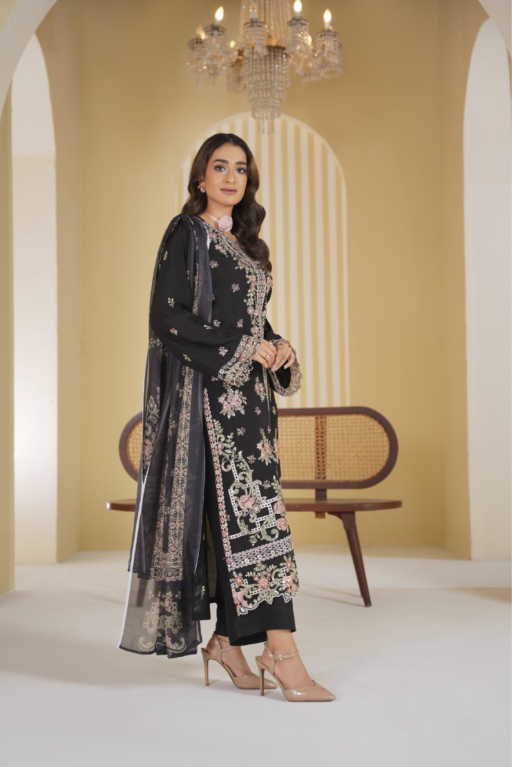 Midnight Majesty Embroidered Unstitched Suit – 1003