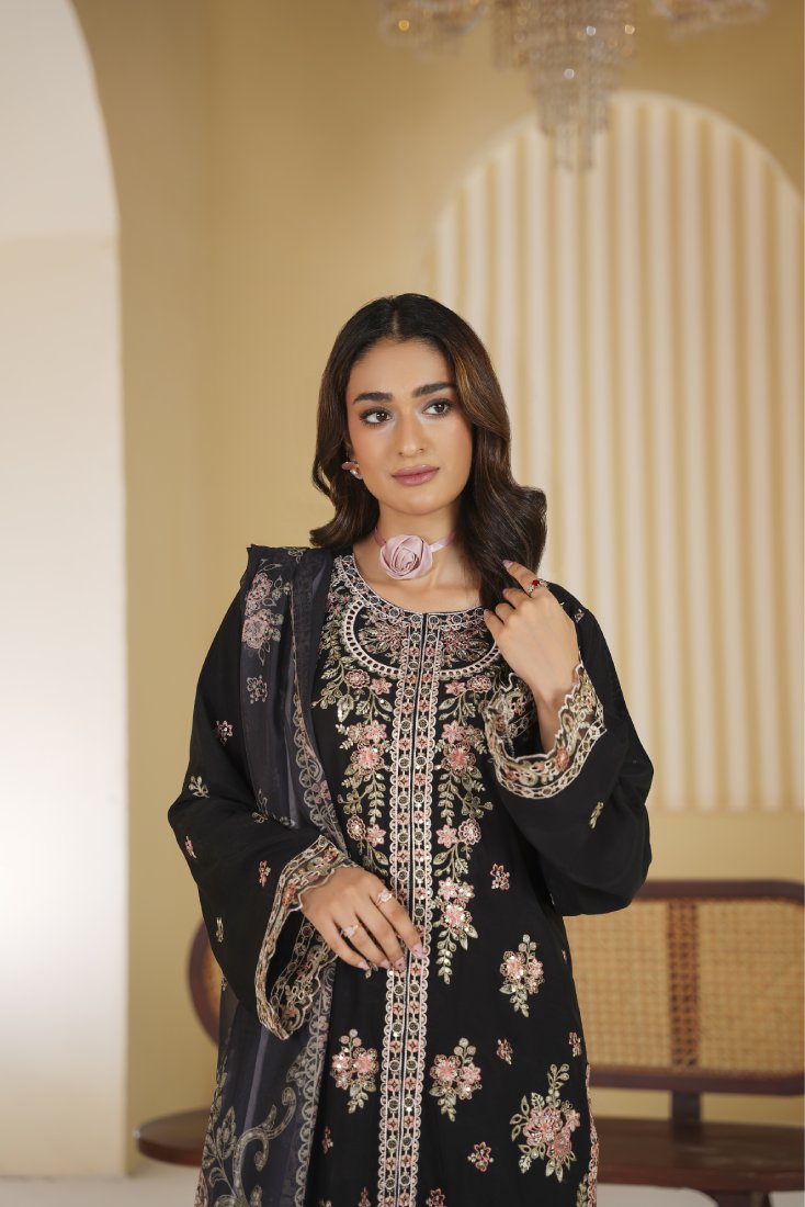 Midnight Majesty Embroidered Unstitched Suit – 1003