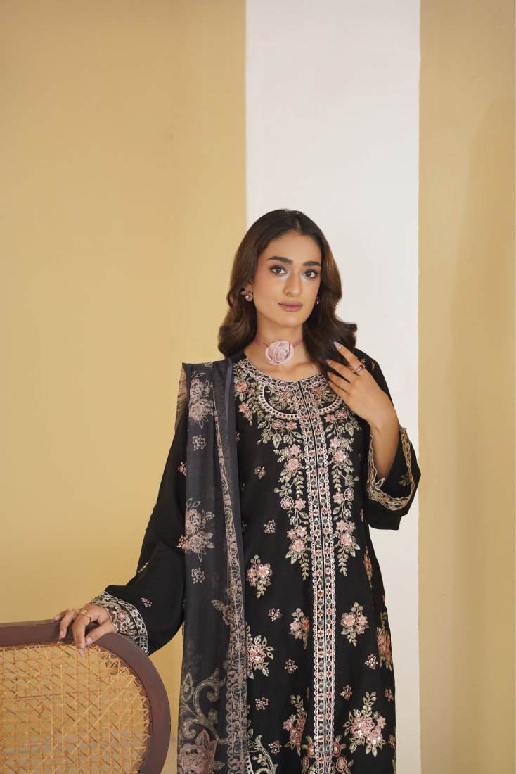 Midnight Majesty Embroidered Unstitched Suit – 1003