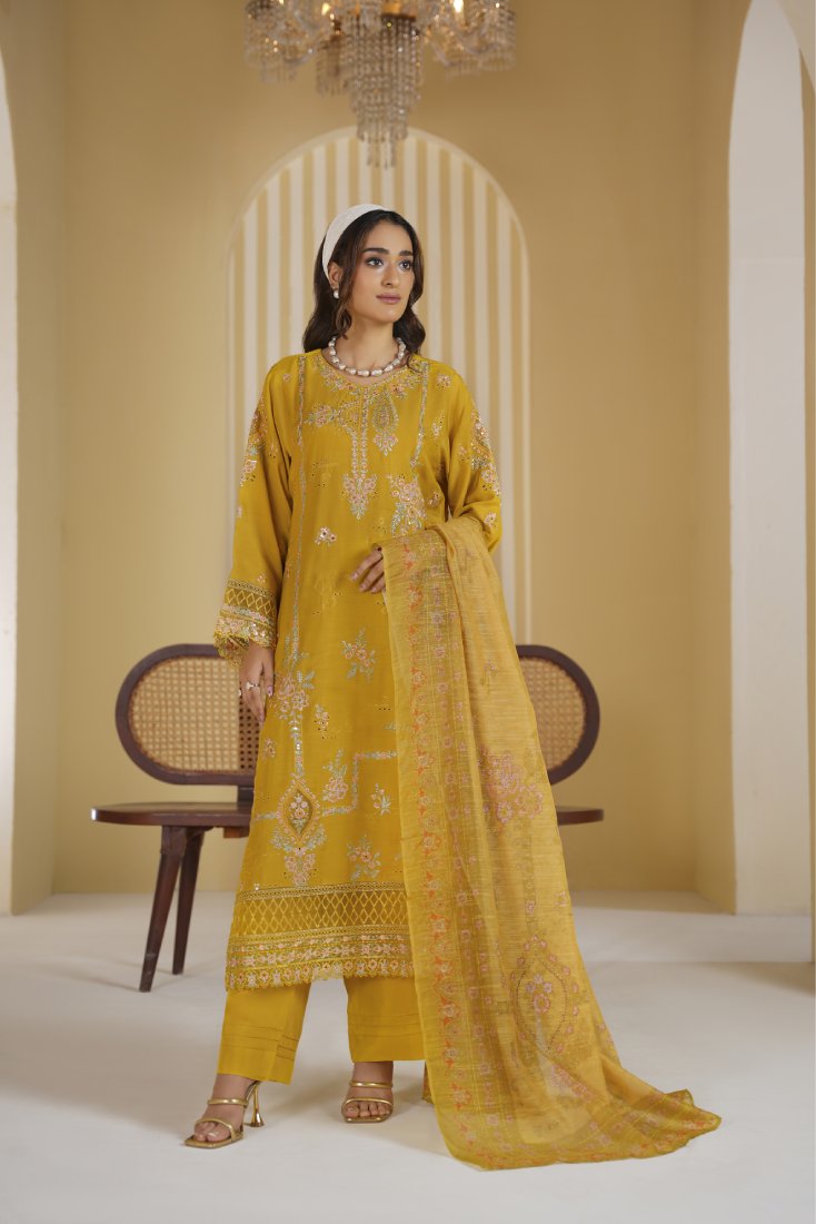 Mustard Mehr Embroidered Unstitched Suit – 1006