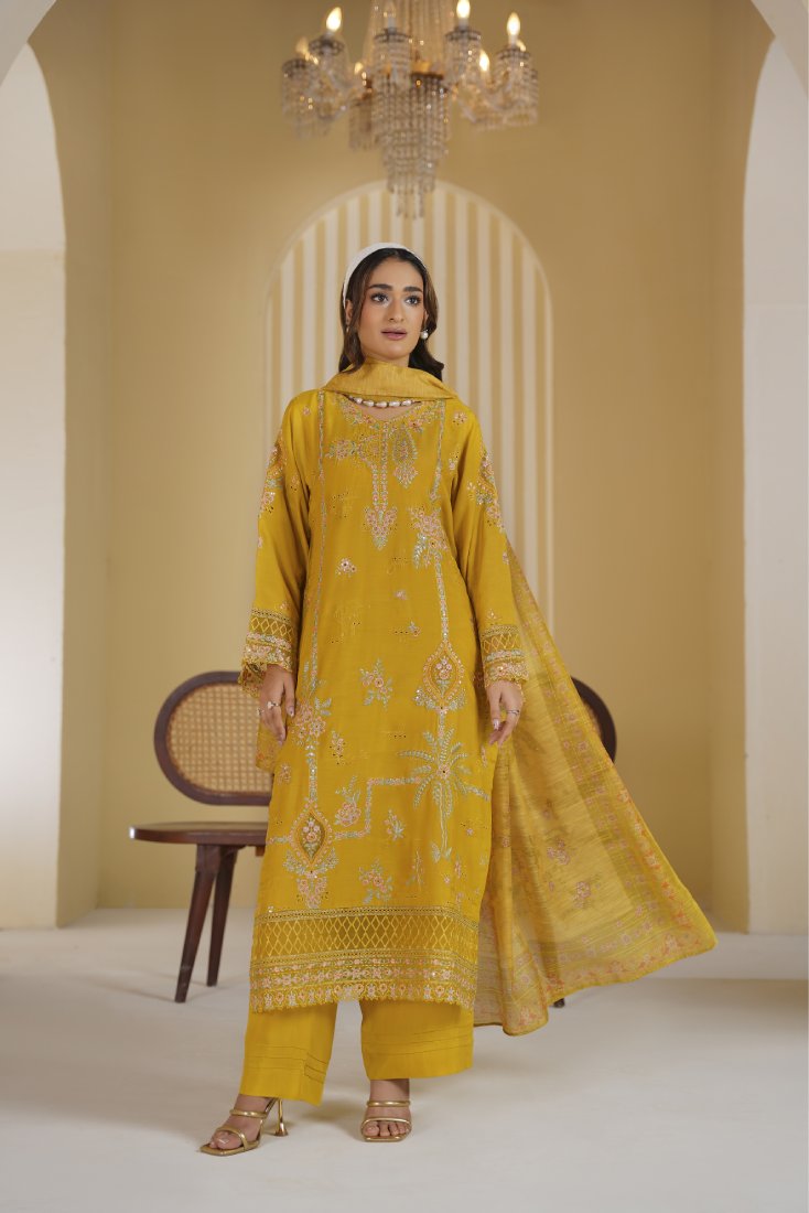 Mustard Mehr Embroidered Stitched Suit – 1006