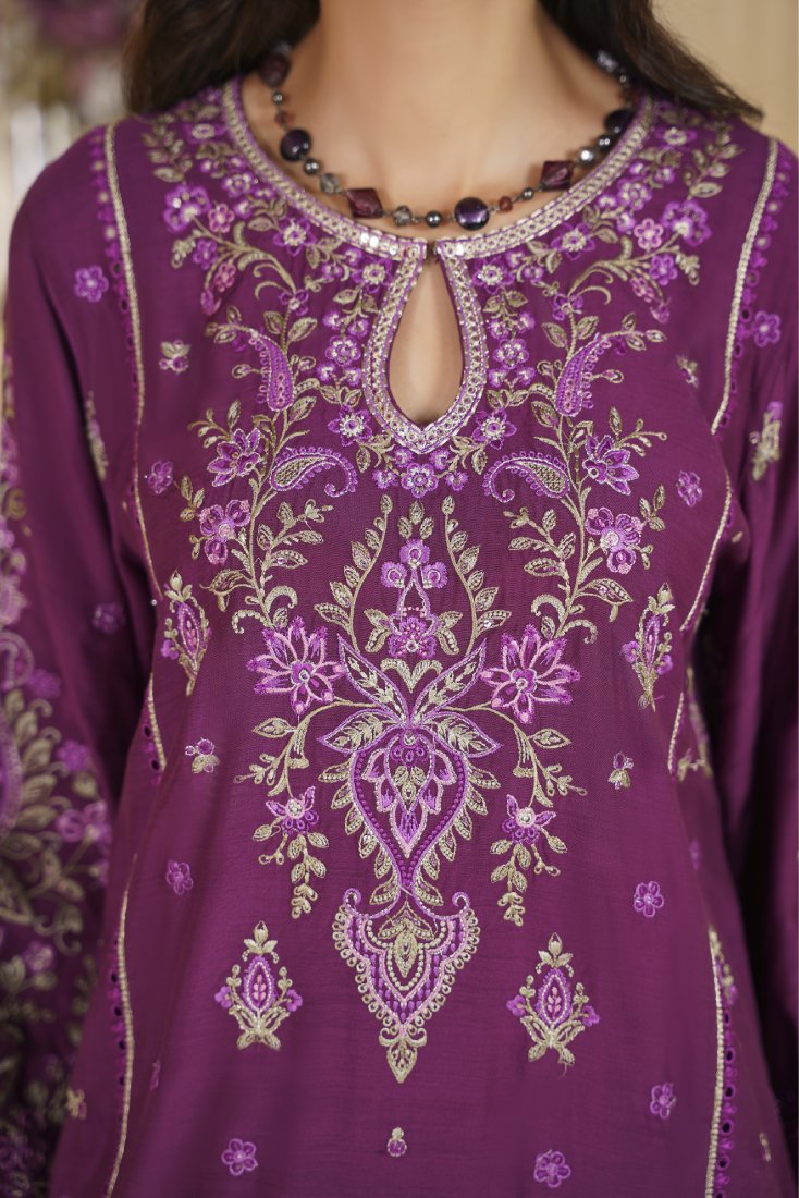 Plum Empress Embroidered Stitched Suit – 1002