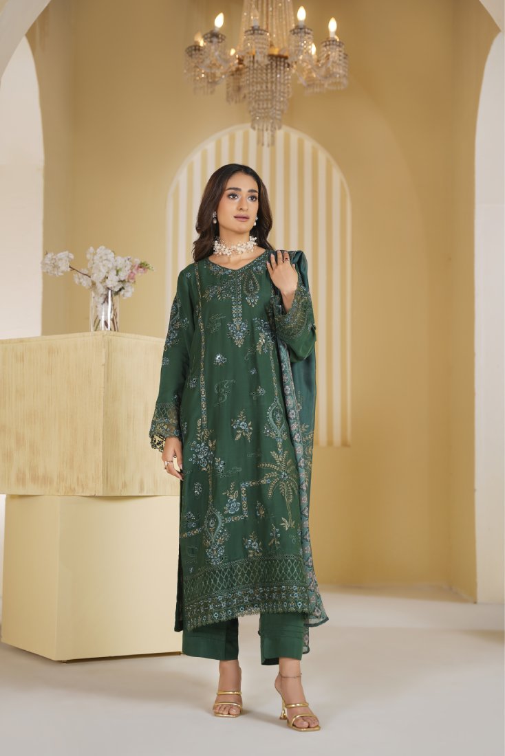 Bottle Green Royale Embroidered Unstitched Suit – 1001
