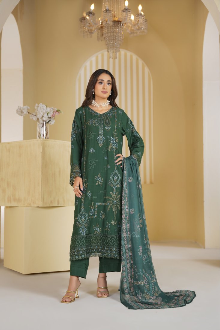 Bottle Green Royale Embroidered Unstitched Suit – 1001