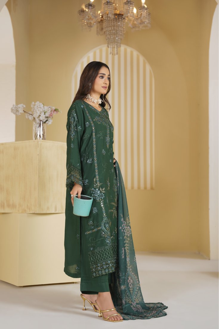 Bottle Green Royale Embroidered Stitched Suit – 1001