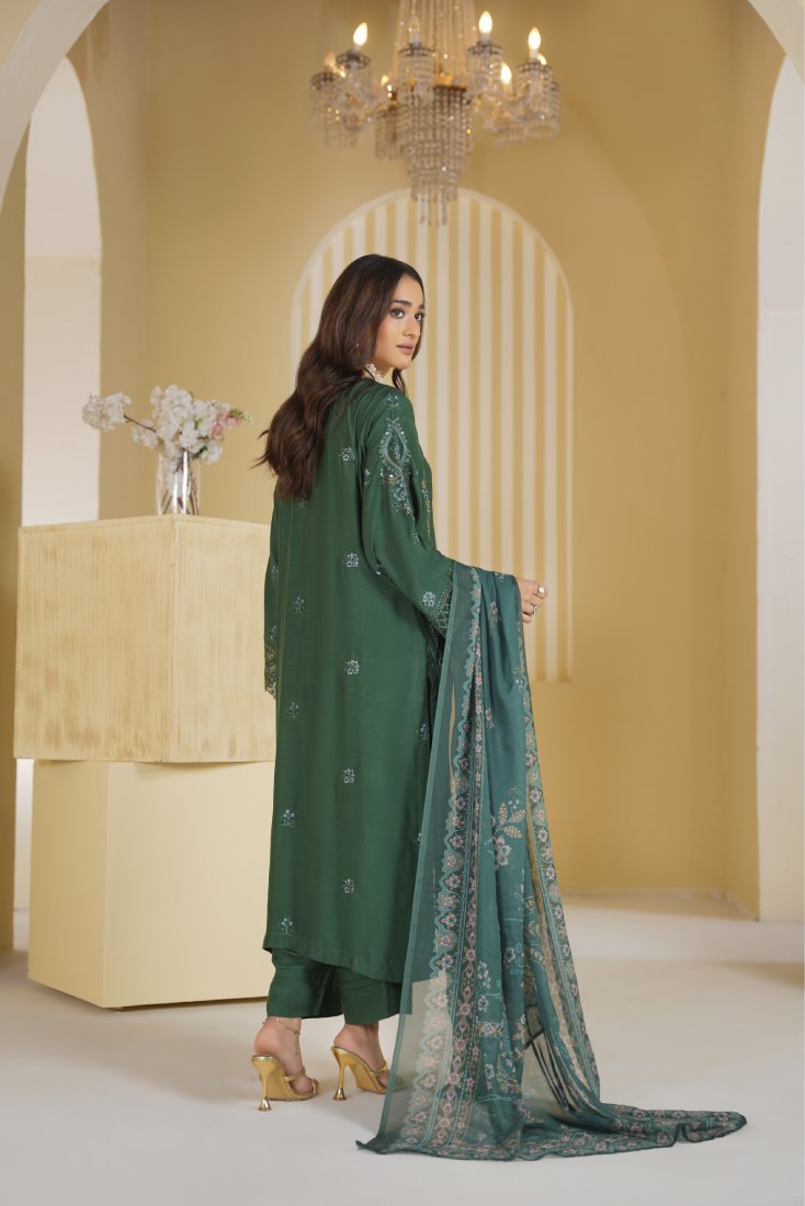 Bottle Green Royale Embroidered Unstitched Suit – 1001