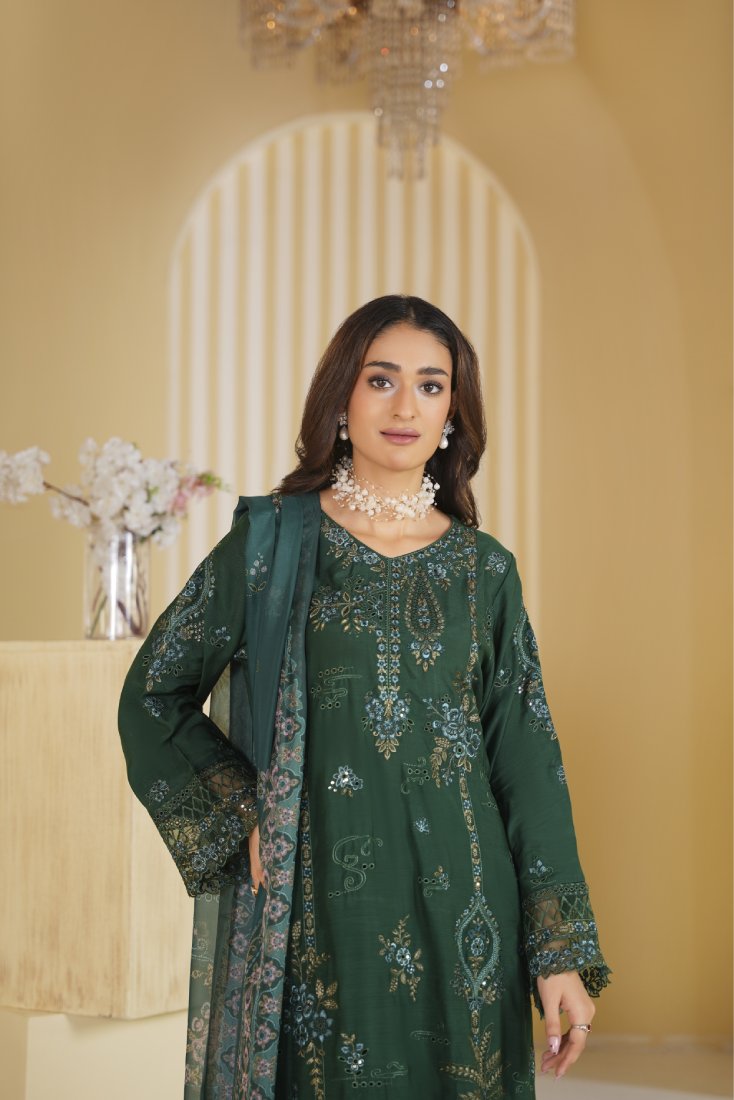 Bottle Green Royale Embroidered Unstitched Suit – 1001