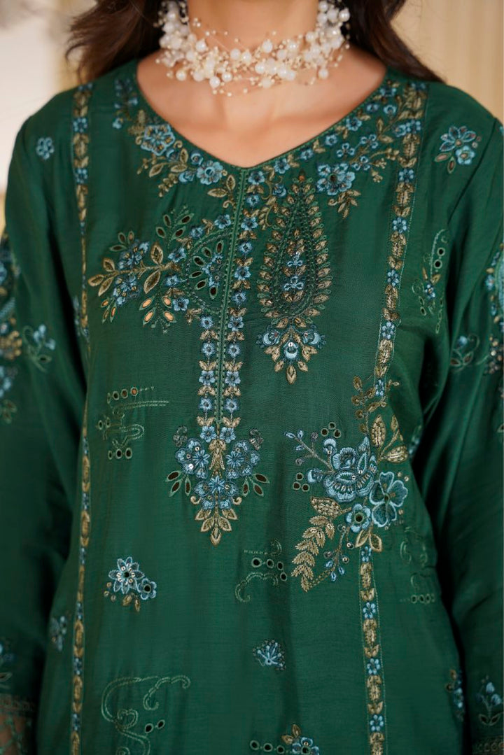 Viscose Bottle Green Royale Embroidered Suit – 1001