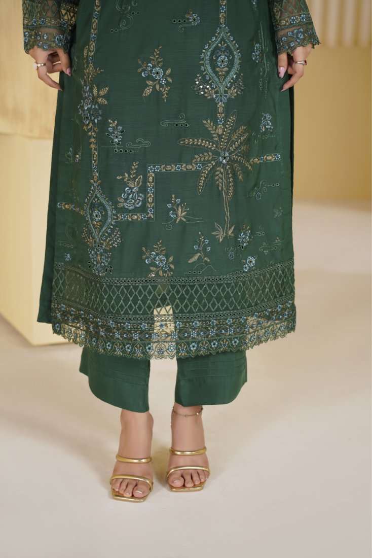 Bottle Green Royale Embroidered Unstitched Suit – 1001