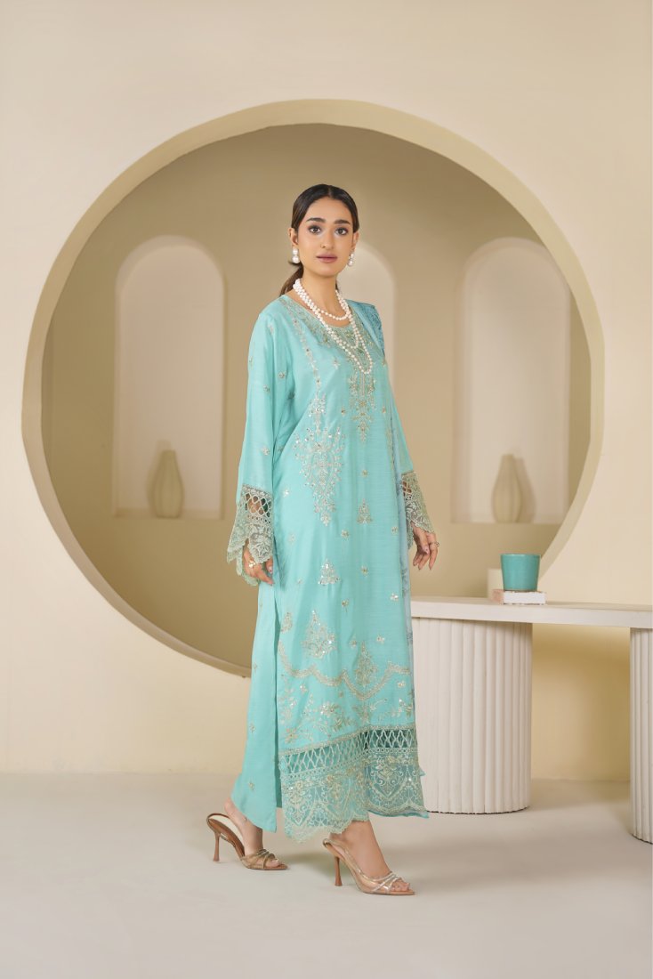 Firozi Falak Embroidered Stitched Suit – 1008