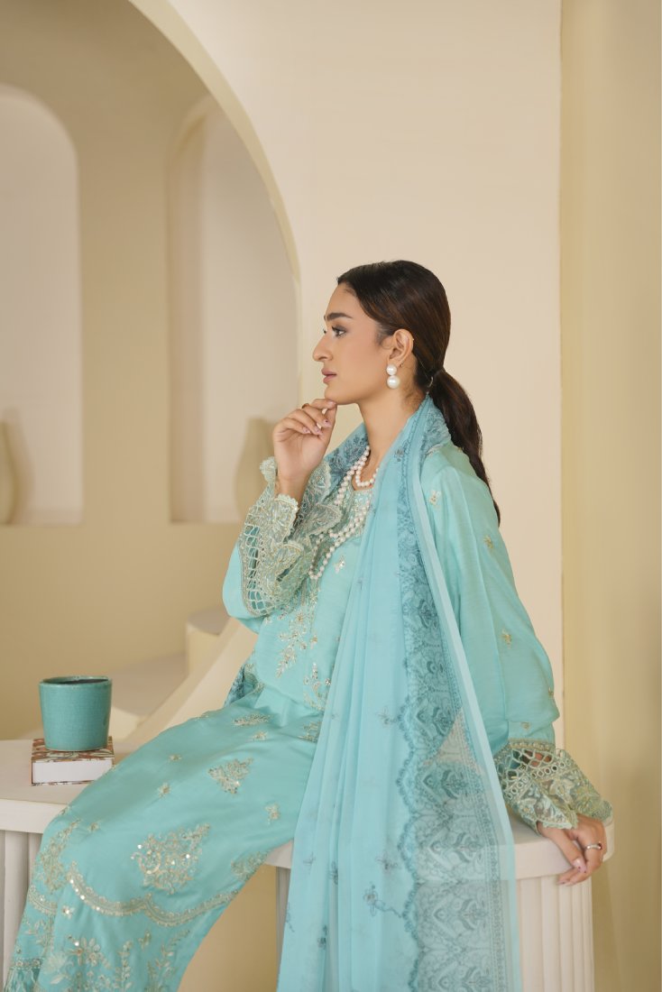 Firozi Falak Embroidered Stitched Suit – 1008