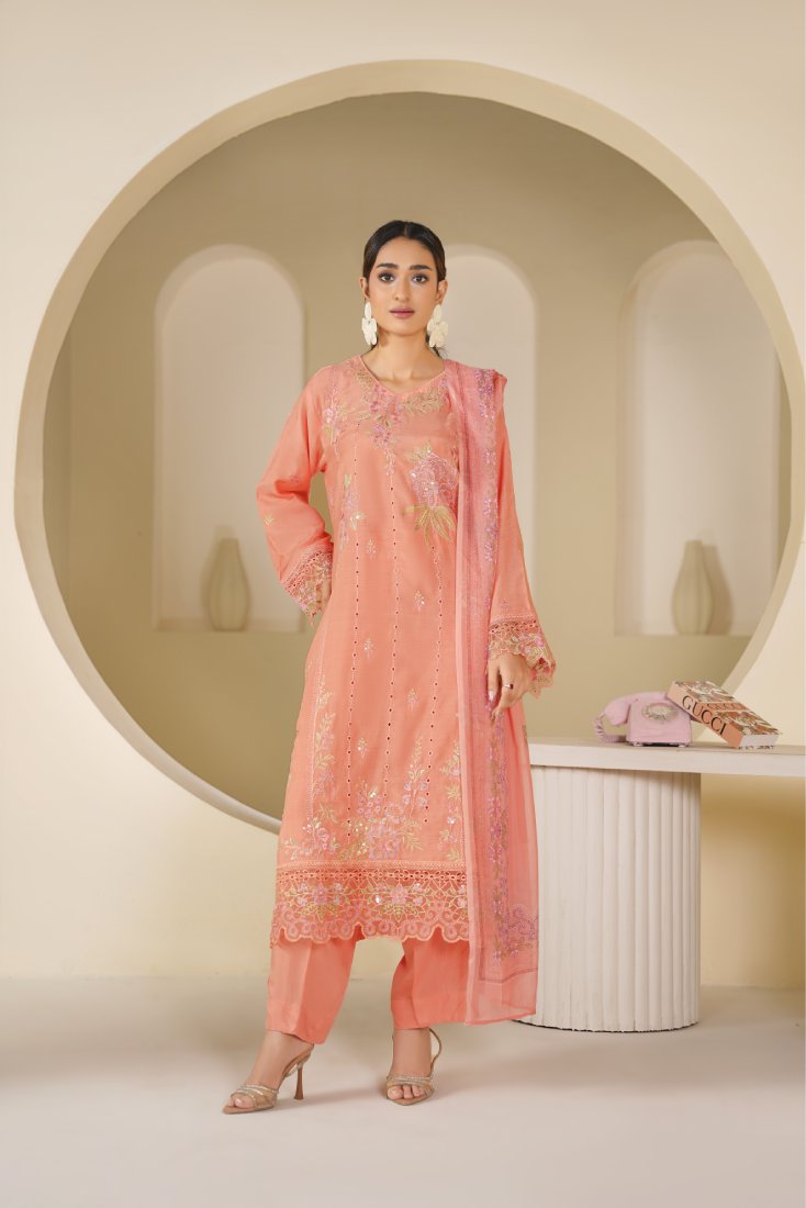 Peach Gulzar Embroidered Unstitched Suit – 1009