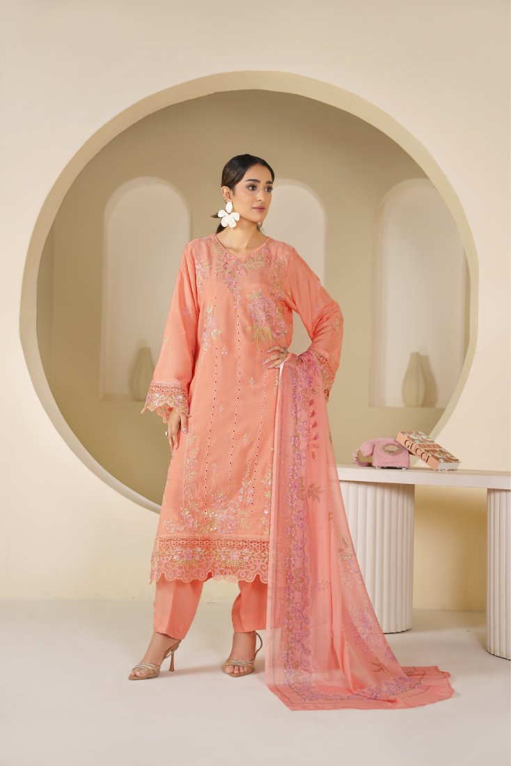 Peach Gulzar Embroidered Stitched Suit – 1009