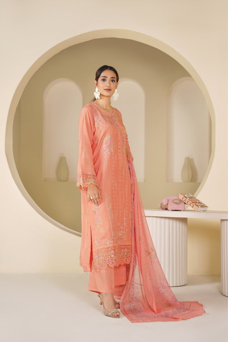 Peach Gulzar Embroidered Stitched Suit – 1009