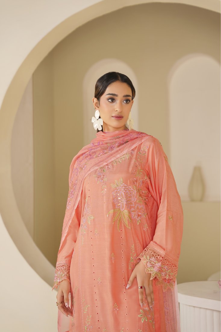 Peach Gulzar Embroidered Unstitched Suit – 1009
