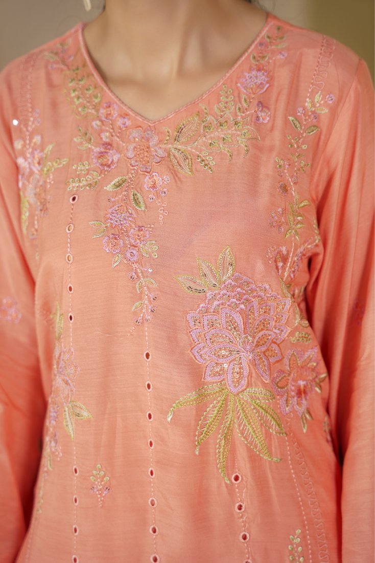 Peach Gulzar Embroidered Stitched Suit – 1009