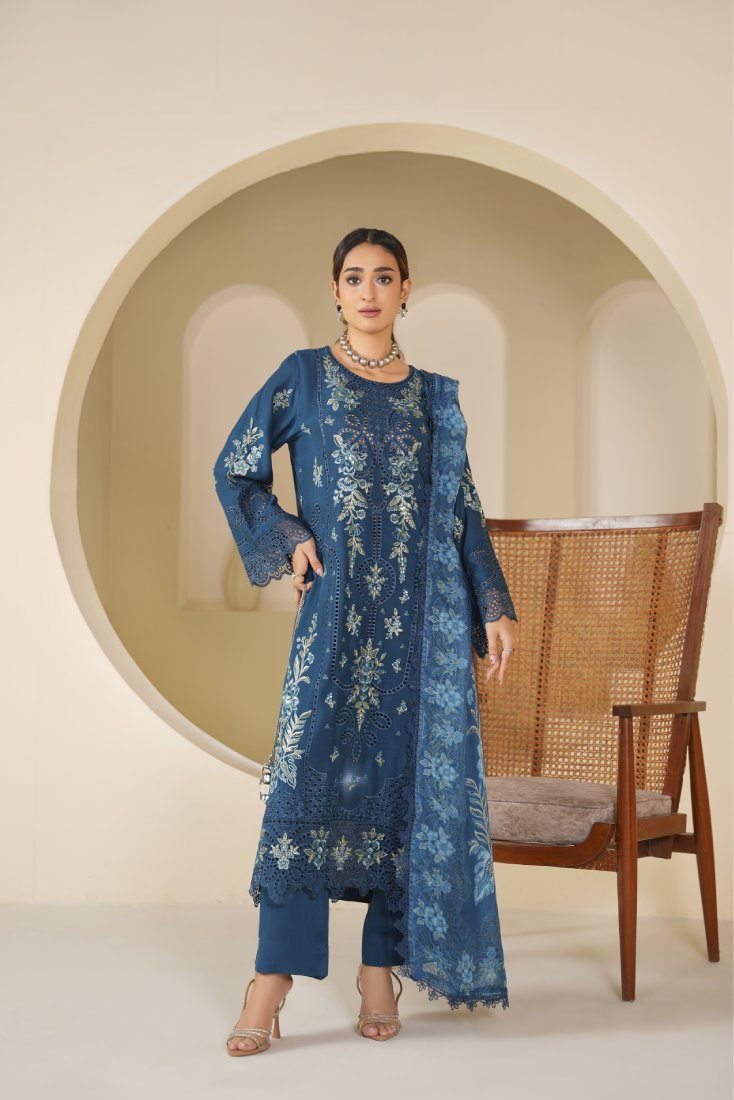 Teal Serenity Embroidered Unstitched Suit – 1004