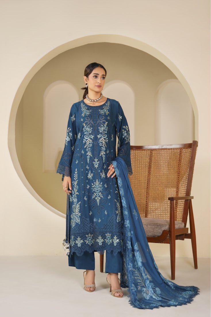 Teal Serenity Embroidered Unstitched Suit – 1004