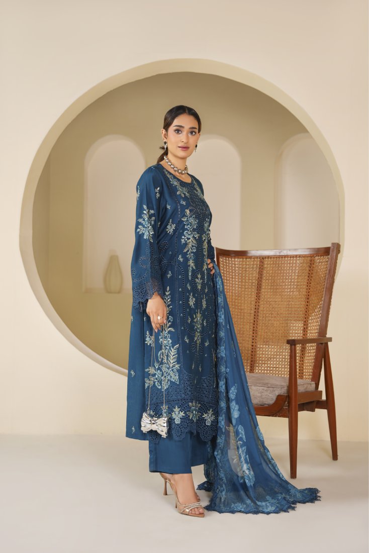 Teal Serenity Embroidered Stitched Suit – 1004