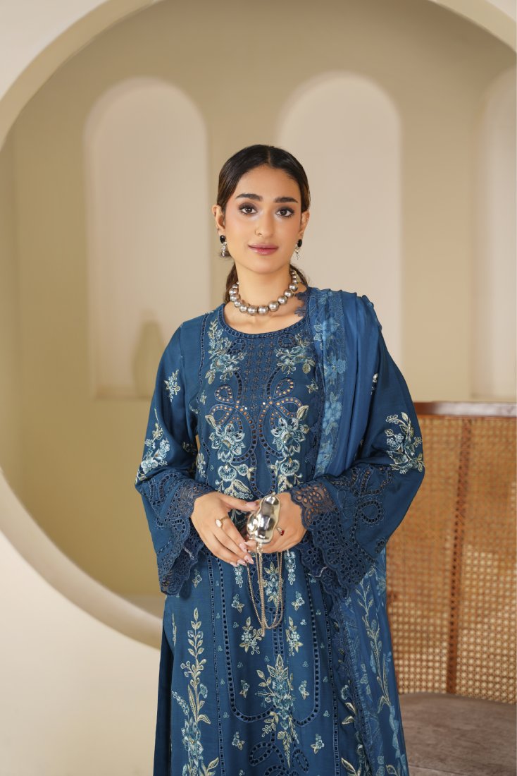 Teal Serenity Embroidered Stitched Suit – 1004