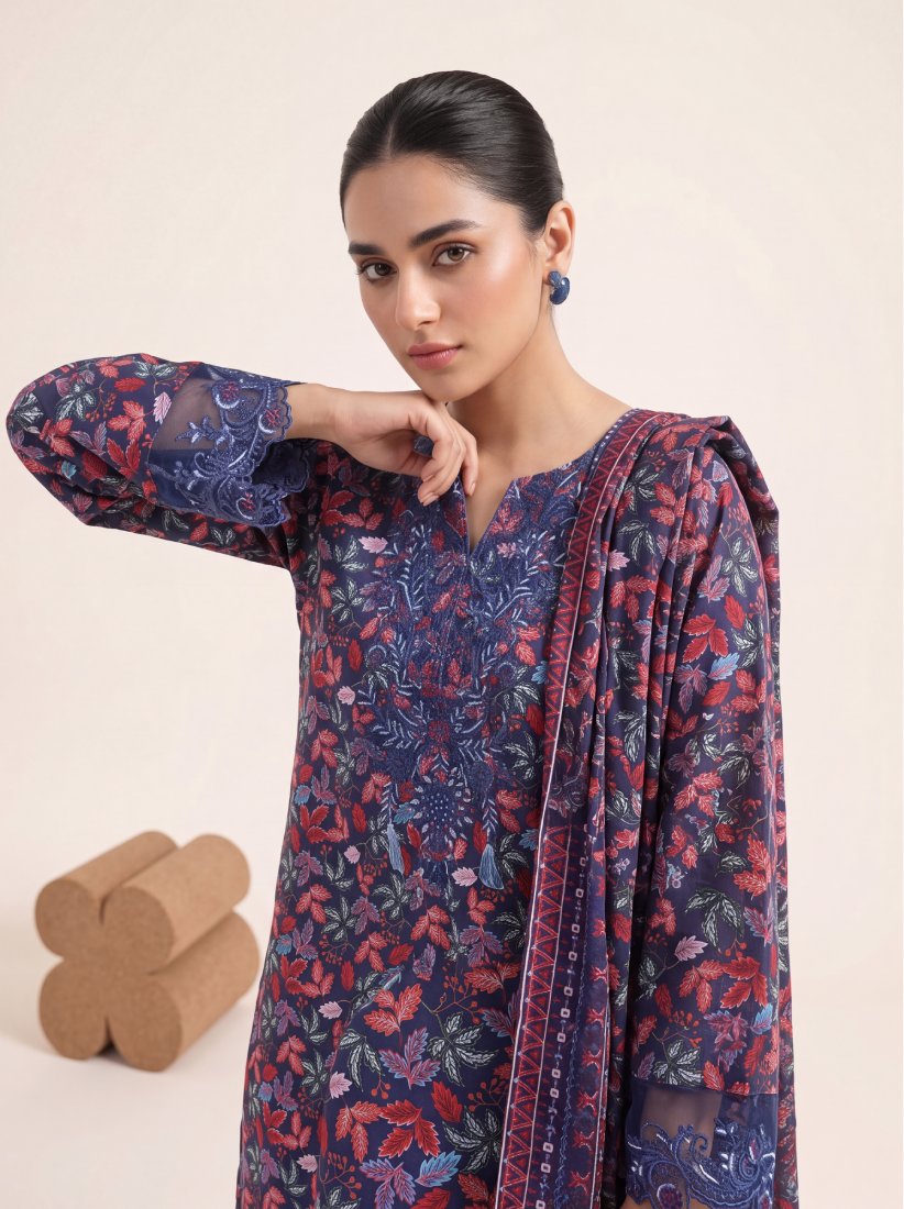 Blue Mehar Printed Embroidered Unstitched Suit – 2008