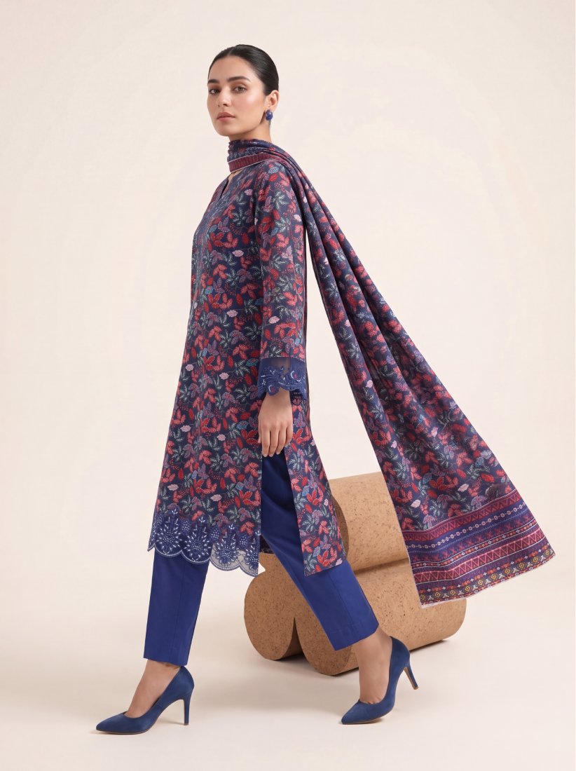 Blue Mehar Printed Embroidered Unstitched Suit – 2008