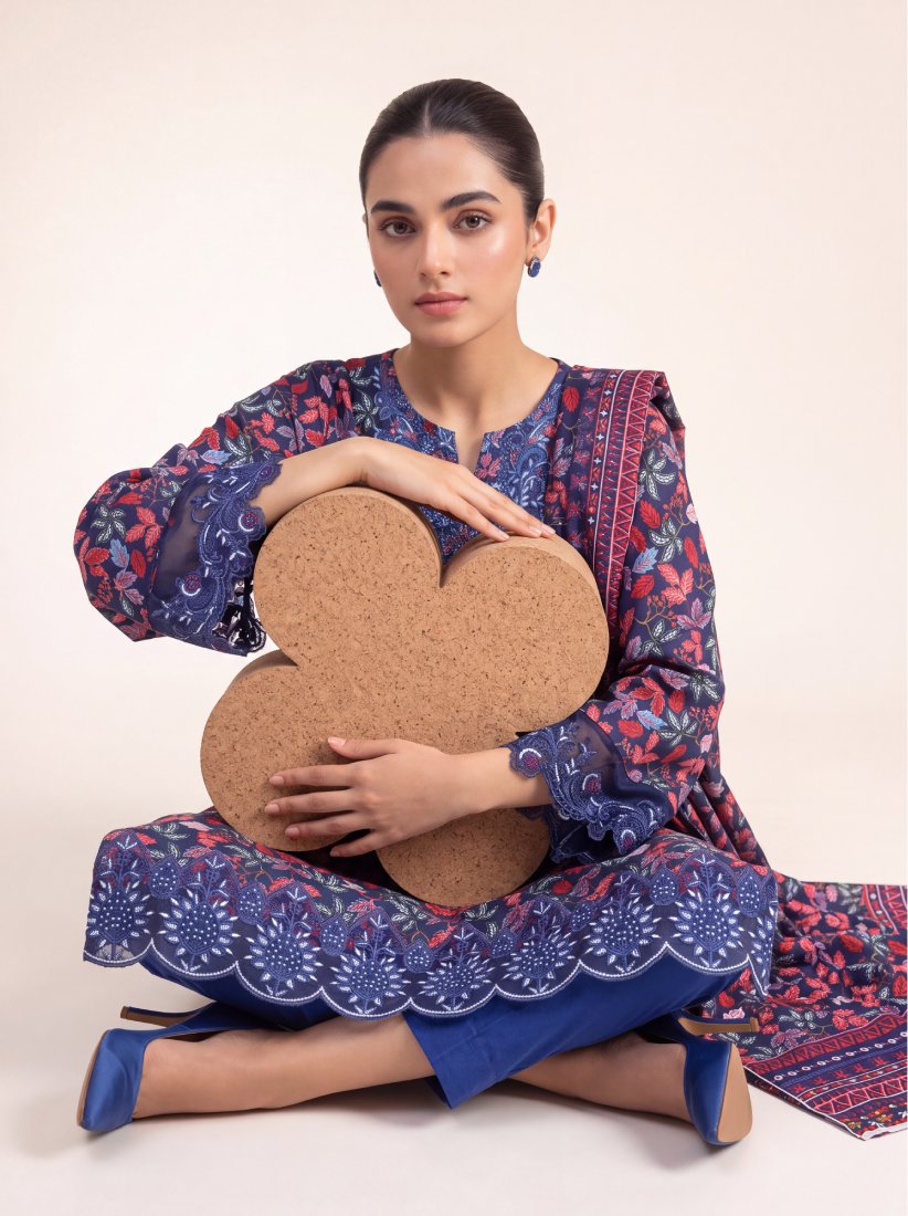 Blue Mehar Printed Embroidered Stitched Suit – 2008