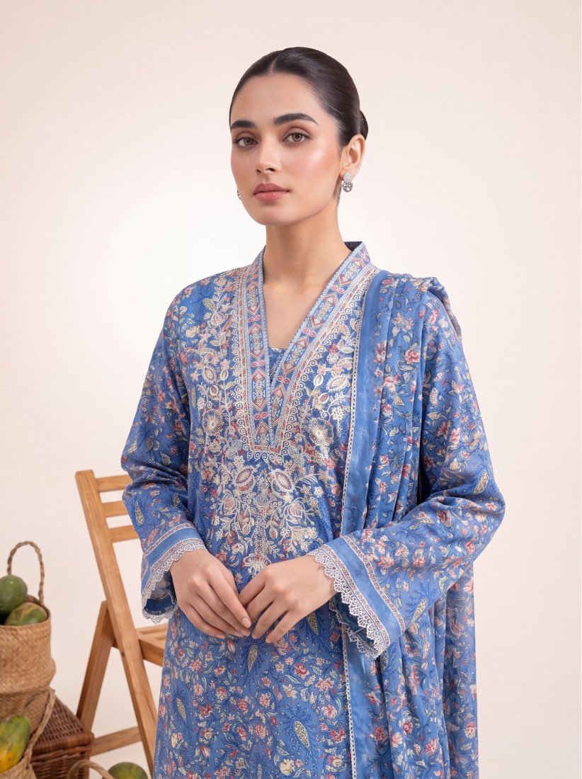 Cobalt Dusk Printed Embroidered Stitched Suit – 2004