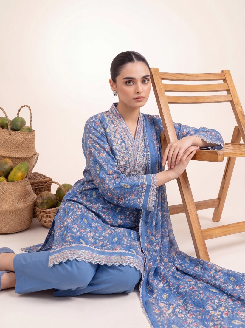 Cobalt Dusk Printed Embroidered Unstitched Suit – 2004