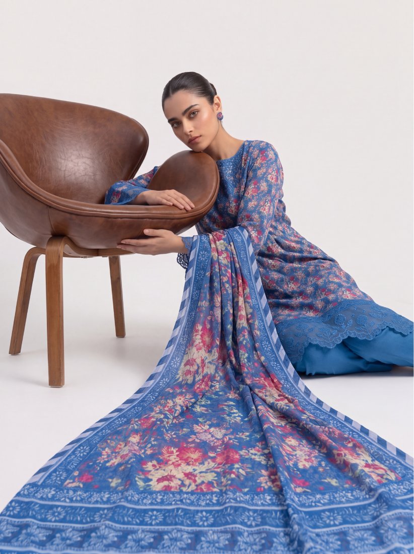 Cobalt Azure Printed Embroidered Unstitched Suit – 2002