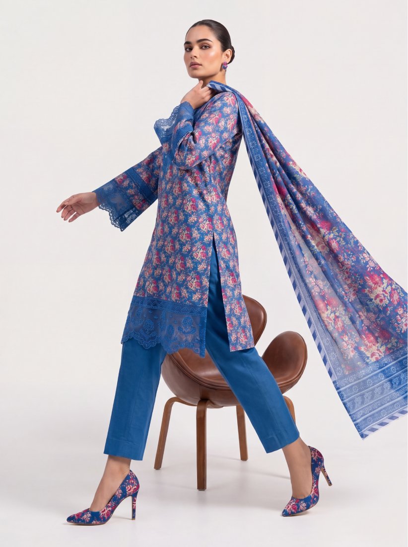 Cobalt Azure Printed Embroidered Unstitched Suit – 2002