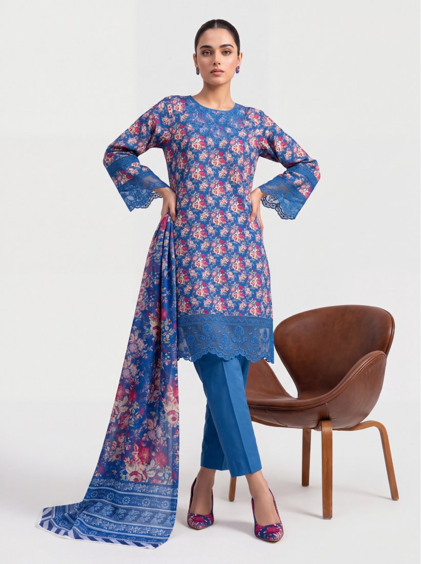 Cobalt Azure Printed Embroidered Stitched Suit – 2002